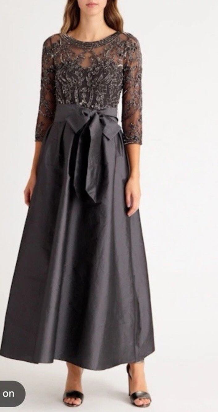 Pisarro Nights Beaded Bodice Taffeta A-Line Gown in Dark Grey Sz 6 NWT NEW